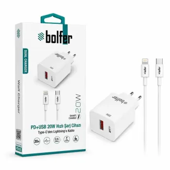 bolfer PD+ USB 20W Hızlı Şarj Cihazı Type-C'den Lightning Kablo