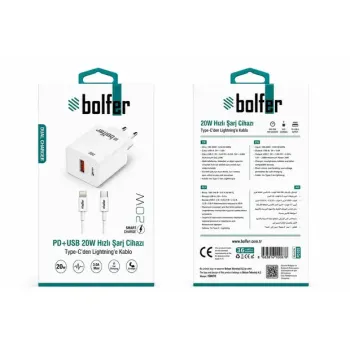 bolfer PD+ USB 20W Hızlı Şarj Cihazı Type-C'den Lightning Kablo