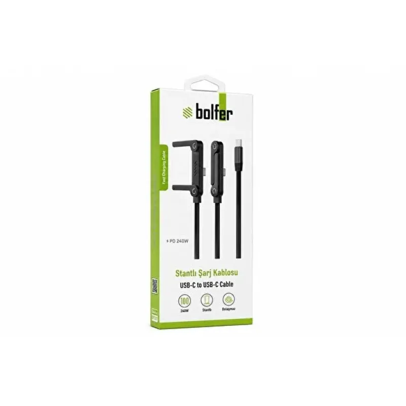Bolfer 8PD01 Stantlı Şarj Kablosu 240W Ultra Hızlı Type-C Şarj Data Kablosu Katlanabilir Standlı Ergonomik Tasarım