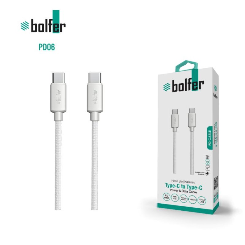 Bolfer Hasir Şarj Kablosu Type-C to Type-C Güç ve Veri Kablosu Hızlı Şarj