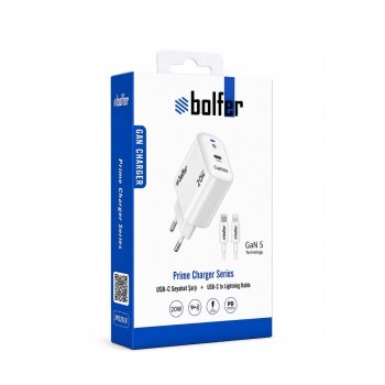 Bolfer 3PD20LB Prime Şarj Cihazı 20W USB-C Seyahat Şarjı + USB-C to Lightning Kablo Şarj Aleti