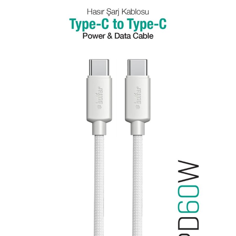Bolfer Hasir Şarj Kablosu Type-C to Type-C Güç ve Veri Kablosu Hızlı Şarj
