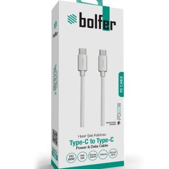 Bolfer Hasir Şarj Kablosu Type-C to Type-C Güç ve Veri Kablosu Hızlı Şarj