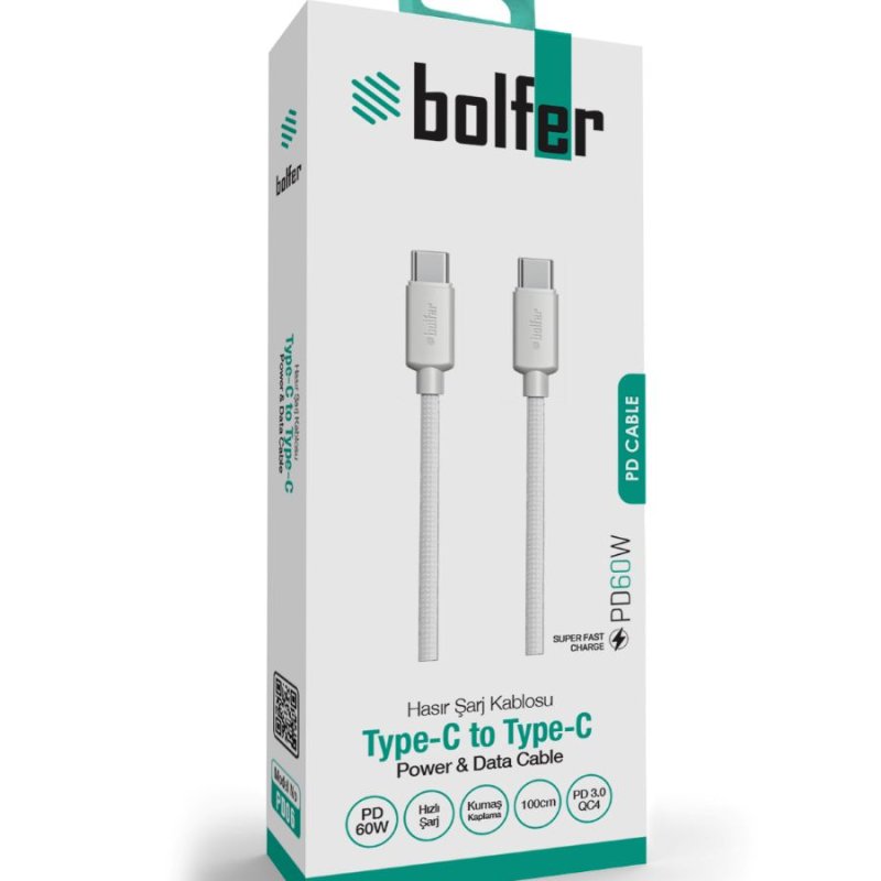 Bolfer Hasir Şarj Kablosu Type-C to Type-C Güç ve Veri Kablosu Hızlı Şarj