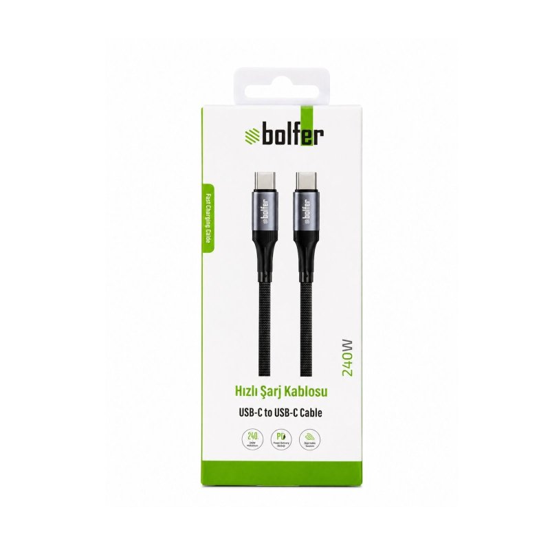 Bolfer 8PD02 Hızlı Şarj Kablosu 240W Super Şarj 1.5m USB-C to USB-C Cable Örgü Tas Şarj Kablo