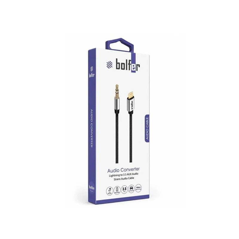 Bolfer AC03 Ses Dünüştürücü Araç İçi Uyumlu Aux Kablosu Araç İçi Dönüştürücü Lighting to 3.5 AUX Audio Strero Audio Kablo