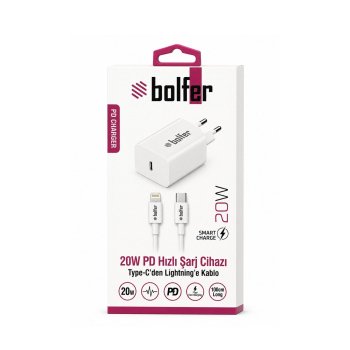 Bolfer PD103 20W PD Hızlı Şarj Cihazı Type-C'den Lightning'e Kablo