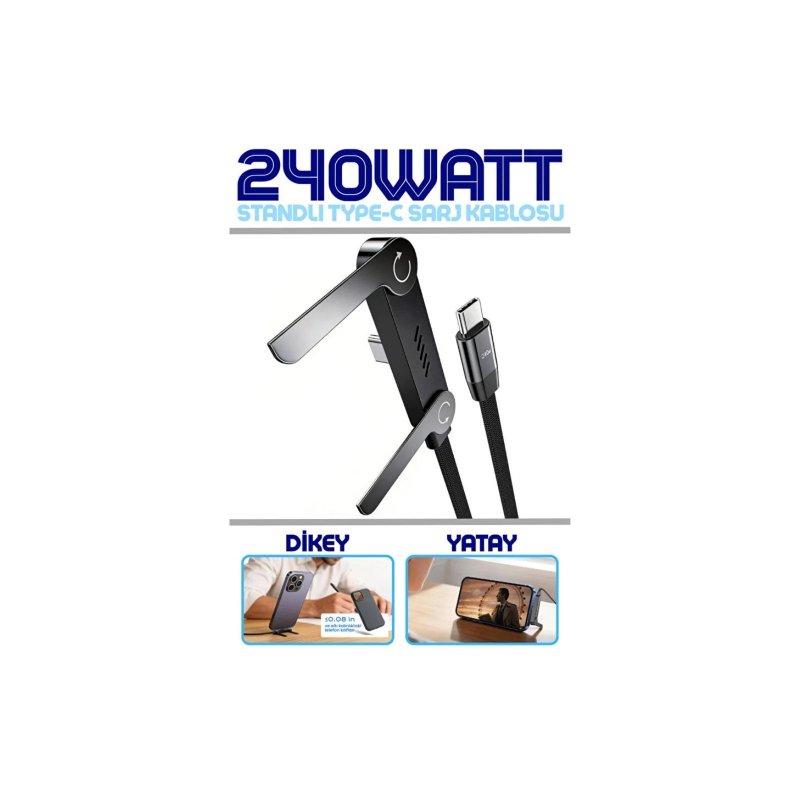 Bolfer 8PD01 Stantlı Şarj Kablosu 240W Ultra Hızlı Type-C Şarj Data Kablosu Katlanabilir Standlı Ergonomik Tasarım