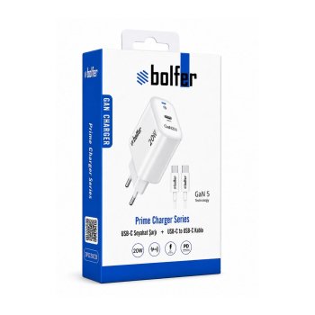 Bolfer 3PD20CB Prime Şarj Cihazı 20W USB-C Seyahat Şarjı + USB-C to USB-C Kablo Hızlı Şarj Aleti