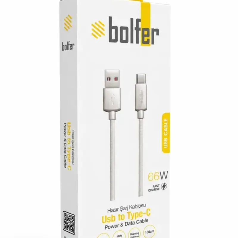 bolfer Usb to Type-C Girişli Kablolara Uyumlu Hasır Şarj Kablosu Hızlı Şarj