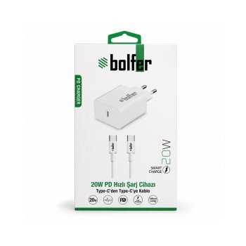 Bolfer PD104 20W PD Hızlı Şarj Cihazı Type-C'den Type-C'ye Kablo Seyahat Hızlı Şarj Aleti