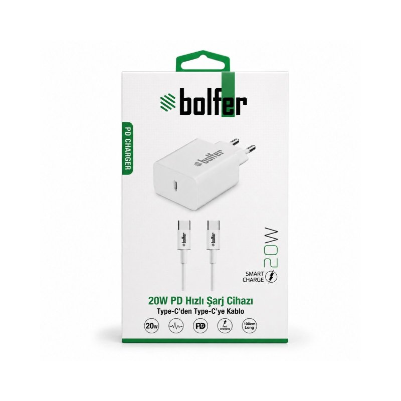 Bolfer PD104 20W PD Hızlı Şarj Cihazı Type-C'den Type-C'ye Kablo Seyahat Hızlı Şarj Aleti