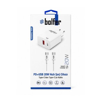 Bolfer PD106 PD+USB 20W Hızlı Şarj Cihazı Type-C'den Type-C'ye Kablo Hızlı Şarj Aleti