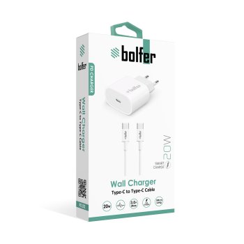 Bolfer 20W Type-C to Type-C PD Duvar Şarj Cihazı – Kablo Dahil