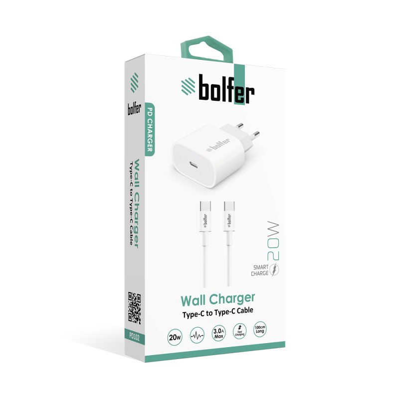 Bolfer 20W Type-C to Type-C PD Duvar Şarj Cihazı – Kablo Dahil Bolfer 20W Type-C to Type-C PD Duvar Şarj Cihazı – Kablo Dahil