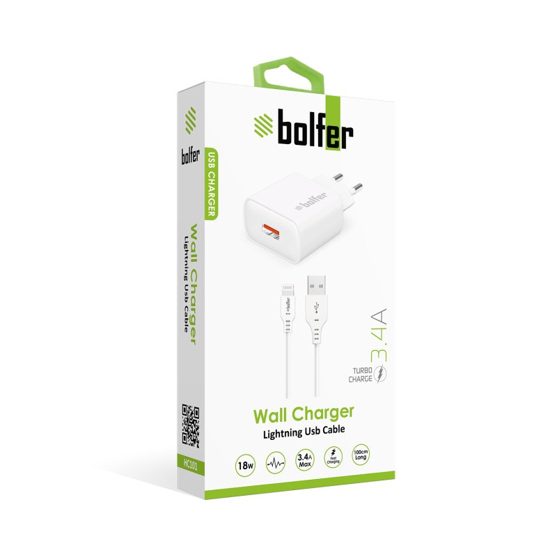 Bolfer 18W USB Şarj Adaptörü + Lightning Kablo – iPhone Uyumlu Bolfer 18W USB Şarj Adaptörü + Lightning Kablo – iPhone Uyumlu