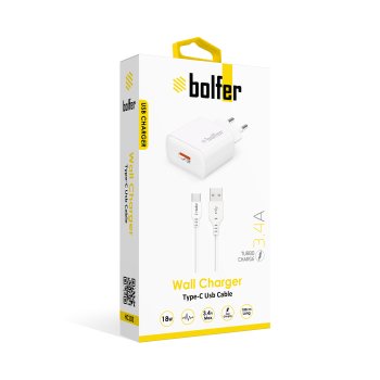 Bolfer 18W USB Şarj Adaptörü + Type-C Kablo – Android Uyumlu