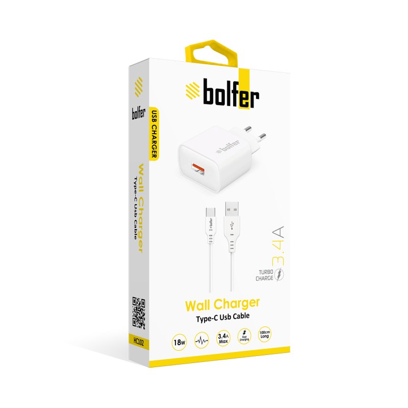 Bolfer 18W USB Şarj Adaptörü + Type-C Kablo – Android Uyumlu Bolfer 18W USB Şarj Adaptörü + Type-C Kablo – Android Uyumlu
