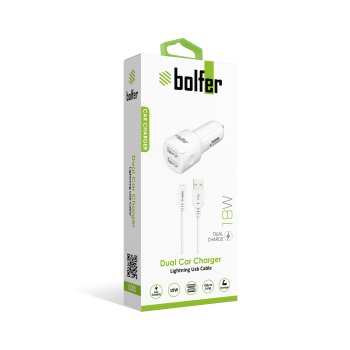Bolfer CC01 Çift USB Araç Şarj Cihazı – 18W Hızlı Şarj ve 1m Lightning Kablo