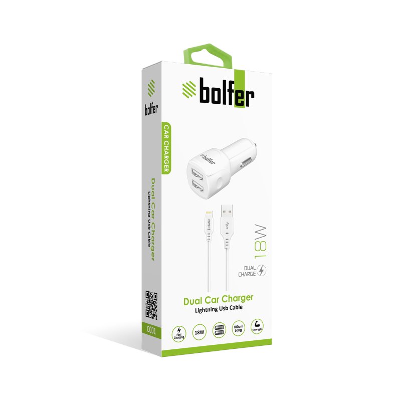 Bolfer CC01 Çift USB Araç Şarj Cihazı – 18W Hızlı Şarj ve 1m Lightning Kablo Bolfer CC01 Çift USB Araç Şarj Cihazı – 18W Hızlı Şarj ve 1m Lightning Kablo