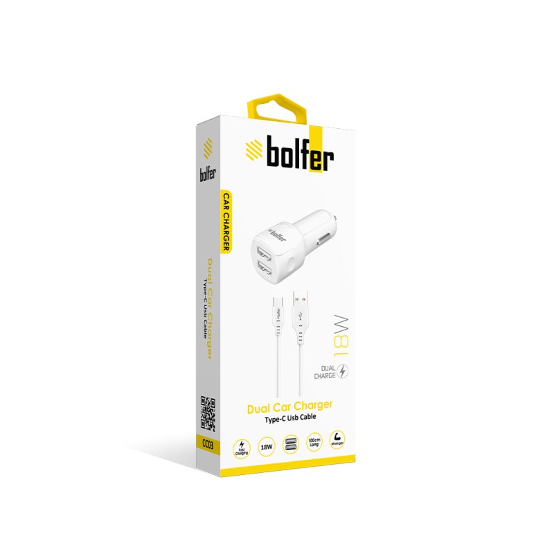 Bolfer CC03 Çift USB Araç Şarj Cihazı – 18W Hızlı Şarj ve 1m Type-C Kablo Bolfer CC03 Çift USB Araç Şarj Cihazı – 18W Hızlı Şarj ve 1m Type-C Kablo